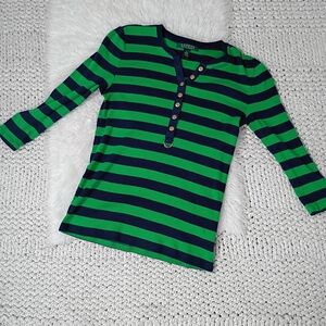 Lauren Ralph Lauren Striped Green and Blue V-Neck Top With Gold Buttons, Small